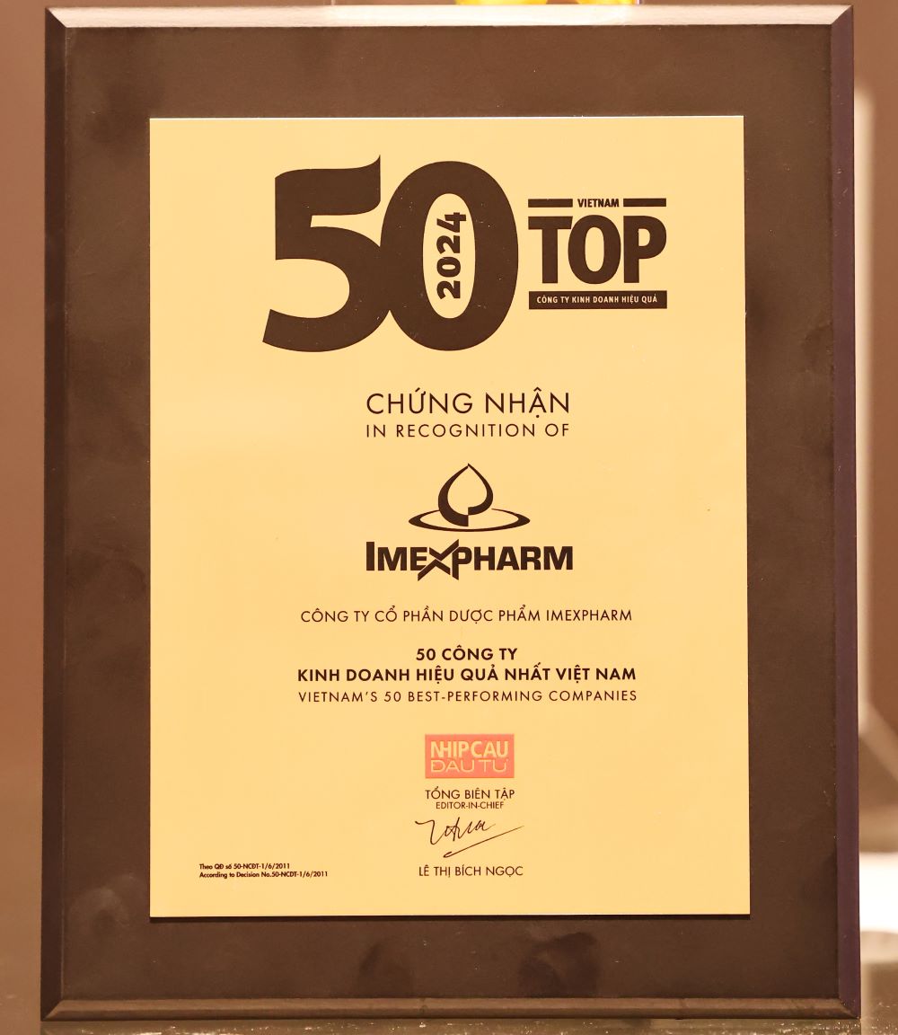 Chứng nhận “Top 50 Công ty Kinh doanh Hiệu quả nhất Việt Nam 2024” của Imexpharm