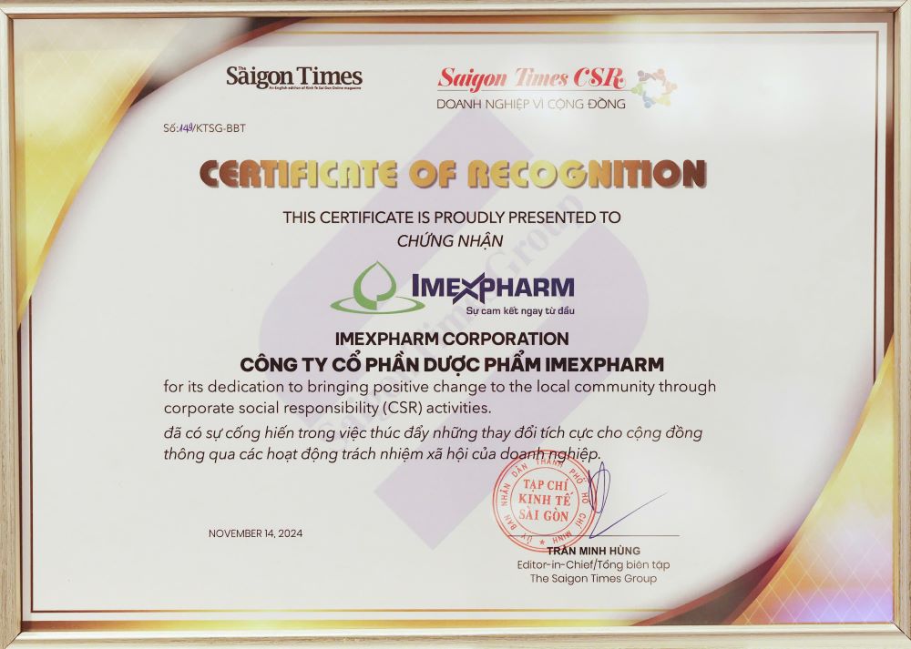 Giải thưởng Saigon Times CSR 2024 mà Imexpharm vinh dự nhận được Giải thưởng Saigon Times CSR 2024 mà Imexpharm vinh dự nhận được